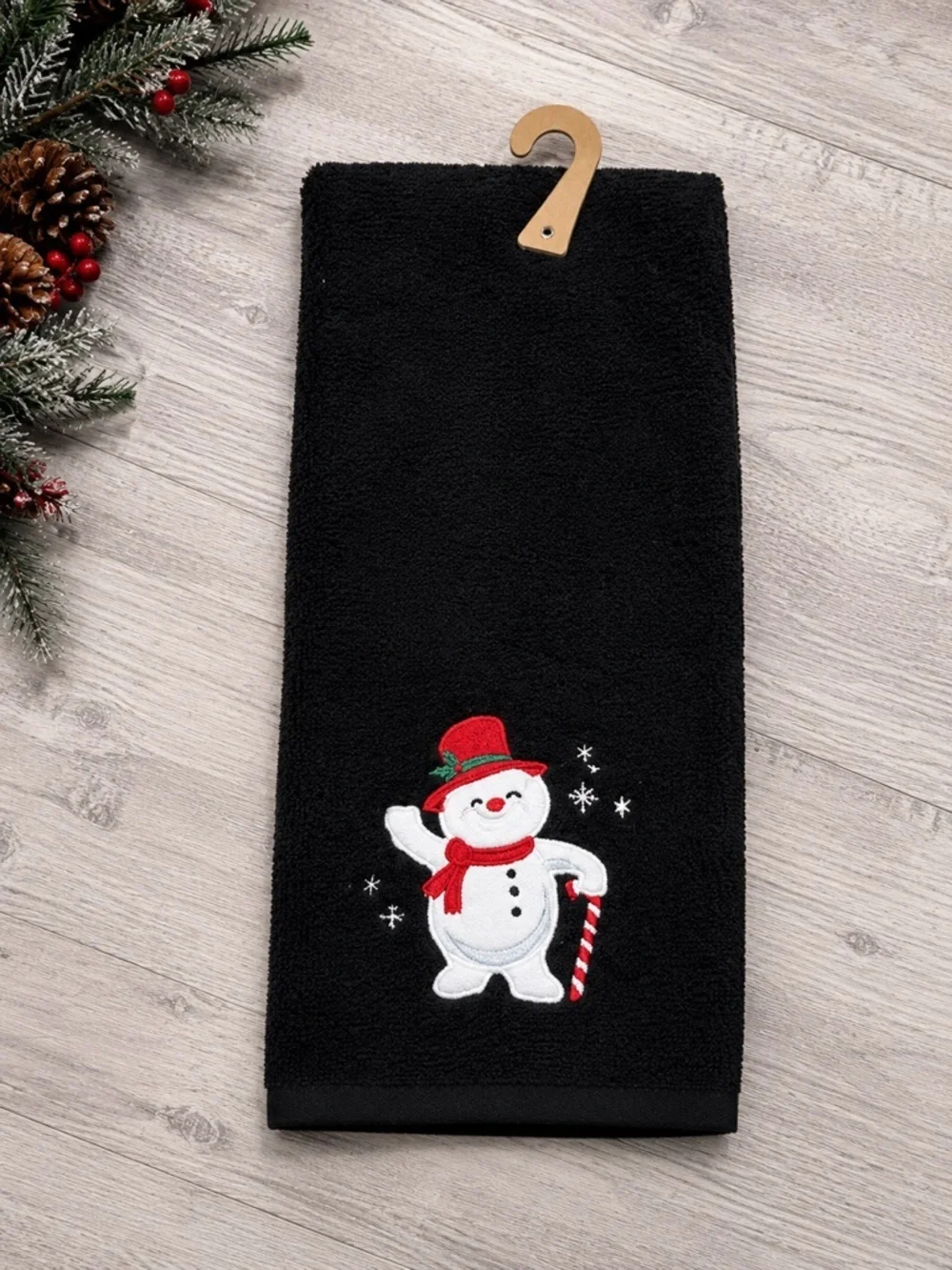 Snowman Embroidered Black Towel